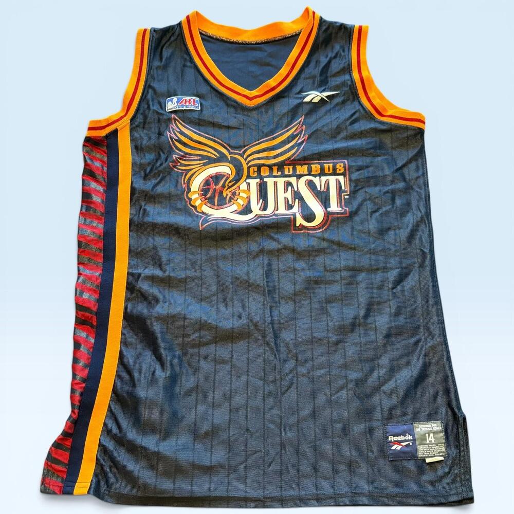 Vtg Authentic Columbus Quest Jersey Womens 14 Blue ABL Basketball Reebok 90s